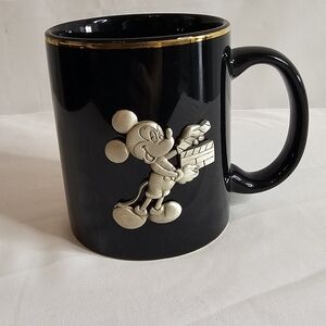 The Walt Disney Studios Black Coffee Mug Gold Trim Pewter Mickey Mouse 3D Emblem
